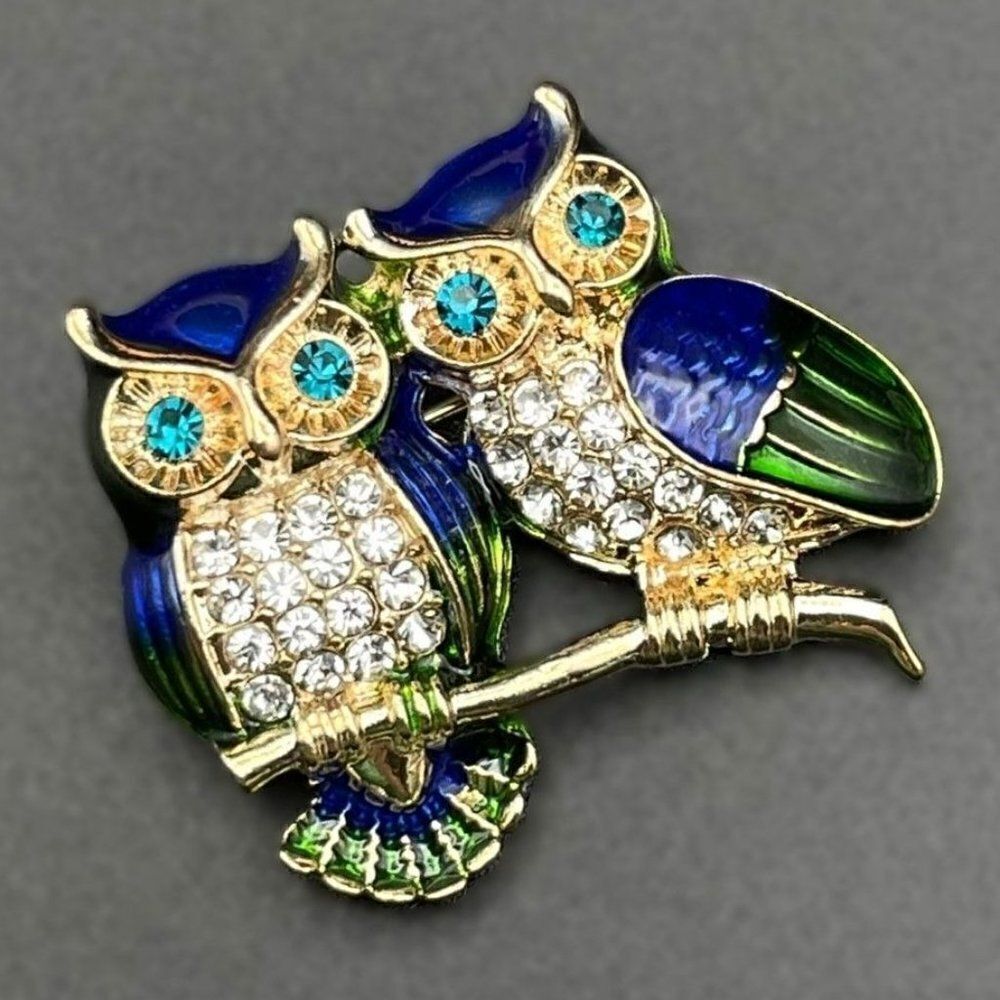 Yellow Gold with Aquamarine and Diamond Crystal Enamel Owl Pin Back Brooch